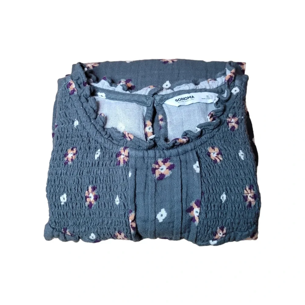 Sonoma Boho Green Teal Floral Print Peasant Blouse Ruffle Trim Crew Neck Blouse